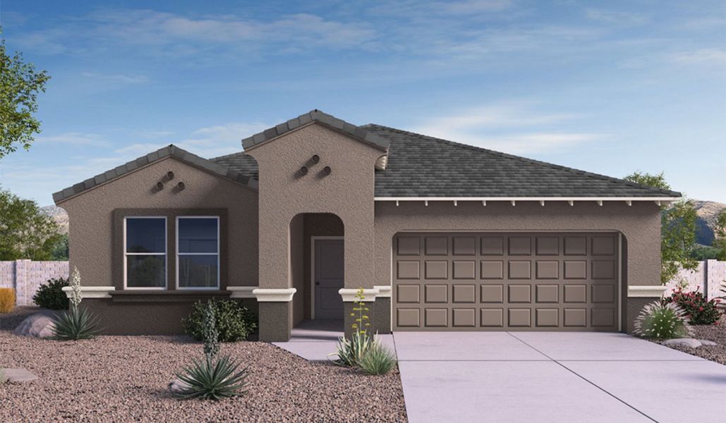 Front exterior of a new home in Hanson Ridge, Vail, AZ, highlighting curb appeal (Image 1). Front exterior of a new home in Hanson Ridge, Vail, AZ, highlighting curb appeal (Image 1).