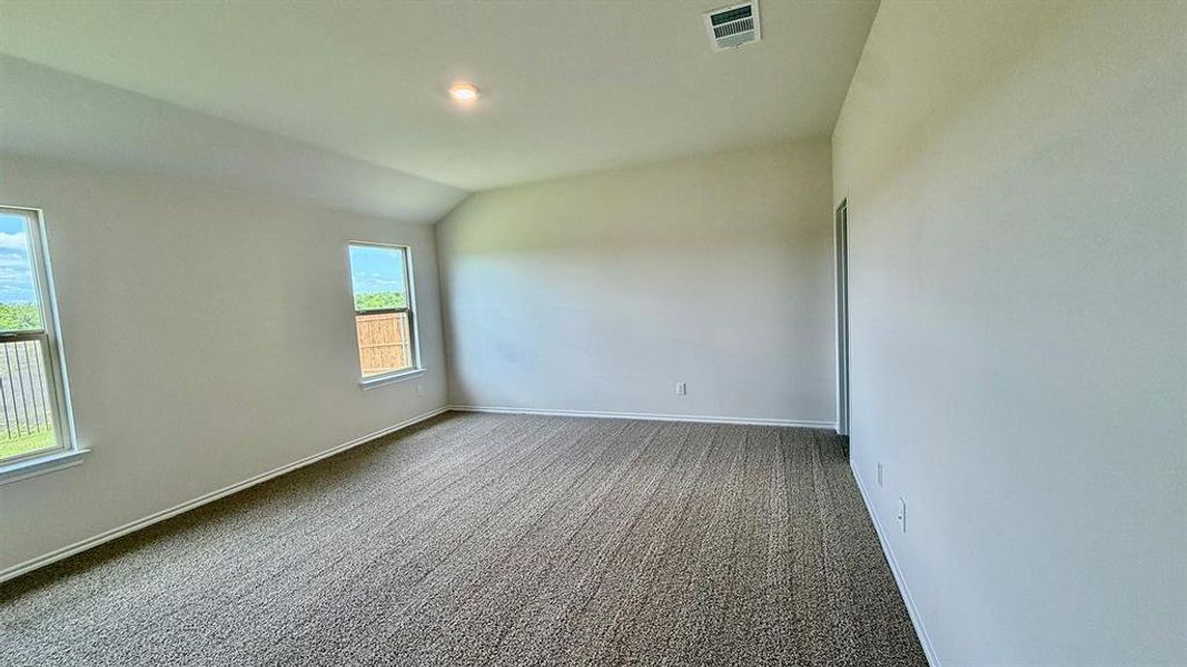 Spacious room featuring vaulted ceilings, neutral-toned carpeting, two windows with white trim, and light-colored walls