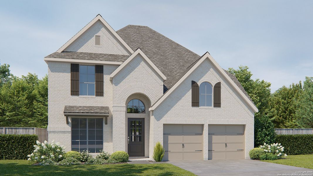 Front exterior of a new home in Arcadia Ridge 50', San Antonio, TX, highlighting curb appeal (Image 1).