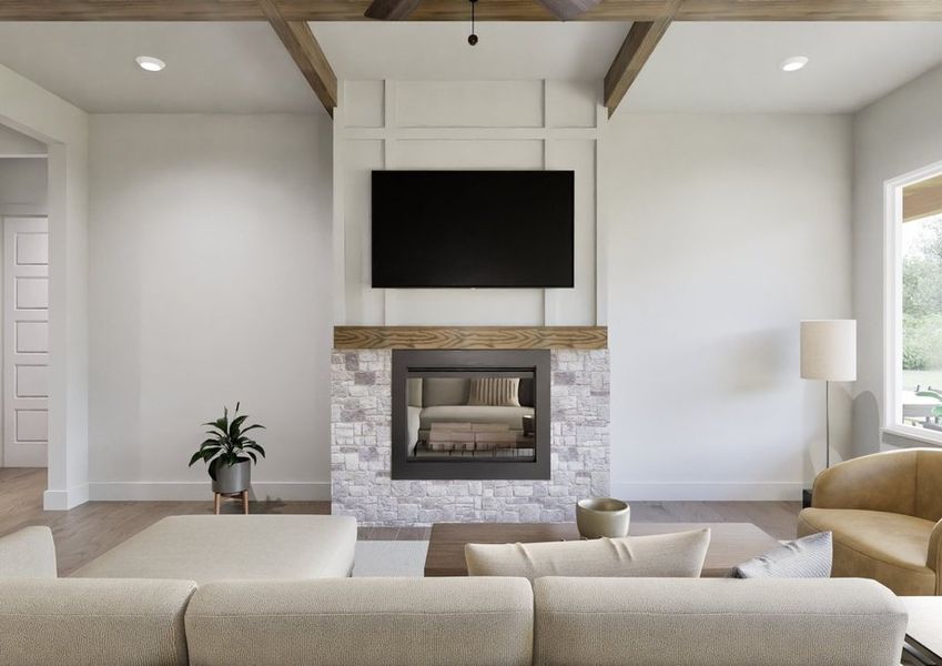 Modern living room with a beige sofa, two armchairs, and a large window. A stone fireplace is centered beneath a wall-mounted TV, emitting a cozy vibe.