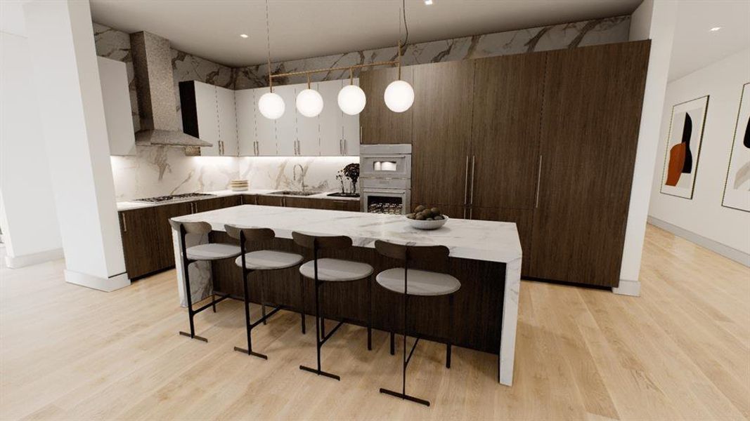 Penthouse residences feature 12 foot ceiling, Gaggenau appliances, highly engineered hardwood floors, heated primary retreat floors, porcelain backsplashes and counter tops and interior private garages.