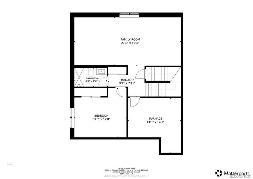 Finished basement floor plan highlighting spacious recreation room, private bedroom, and full bathroom, offering flexible living in this Three Hills home