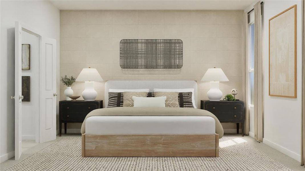 Bedroom featuring carpet floors and tile walls Bedroom featuring carpet floors and tile walls