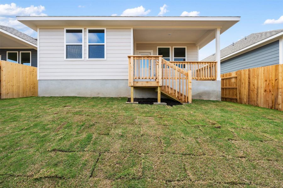 Exterior details and patio area of a home in Cannon Ranch 40s, Dripping Springs (Image 1).