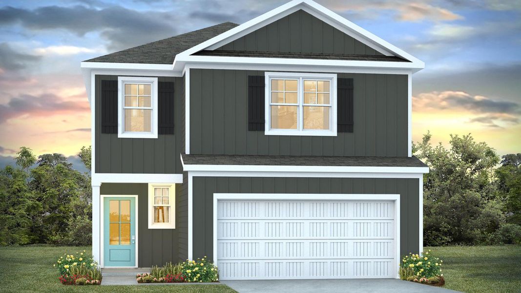 Front exterior of a new home in The Pines at Blake Farm, Wilmington, NC, highlighting curb appeal (Image 1).