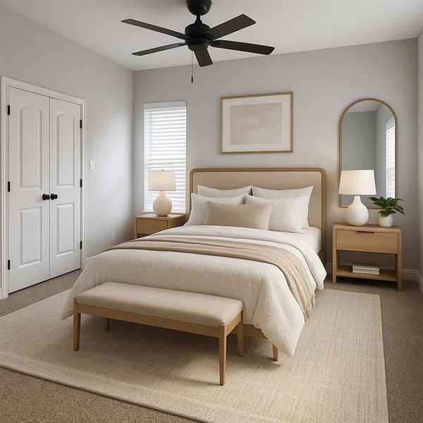 Carpeted bedroom with ceiling fan and a closet