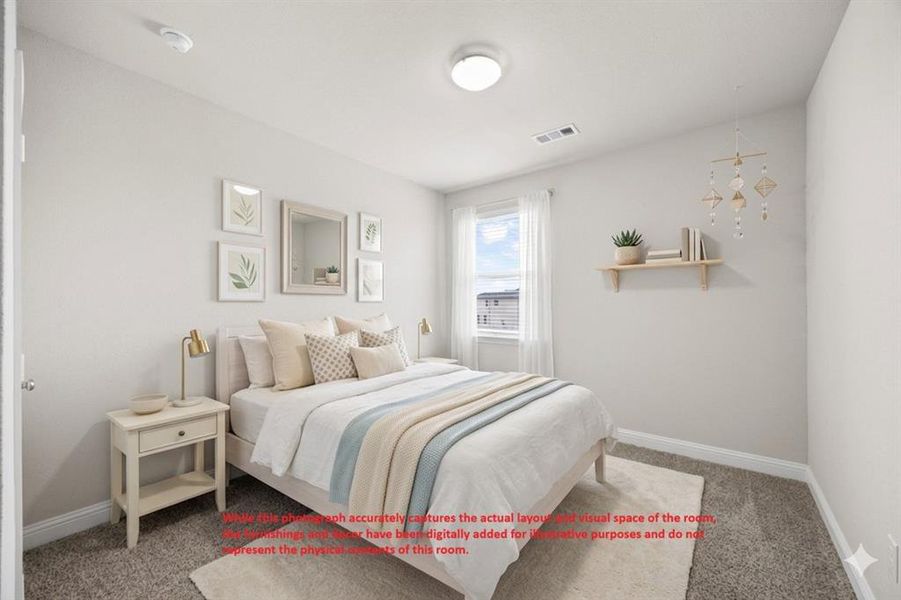 Light-filled bedroom featuring neutral-toned walls, carpeted flooring, a flush-mount ceiling light, and a window with white blinds