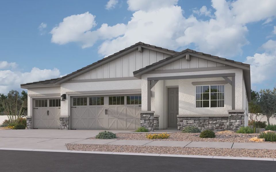 Representative exterior photo of a completed home built from the Desert Rose by Elliott Homes in Forté at Granite Vista, Waddell, AZ (Image 1). Representative exterior photo of a completed home built from the Desert Rose by Elliott Homes in Forté at Granite Vista, Waddell, AZ (Image 1).