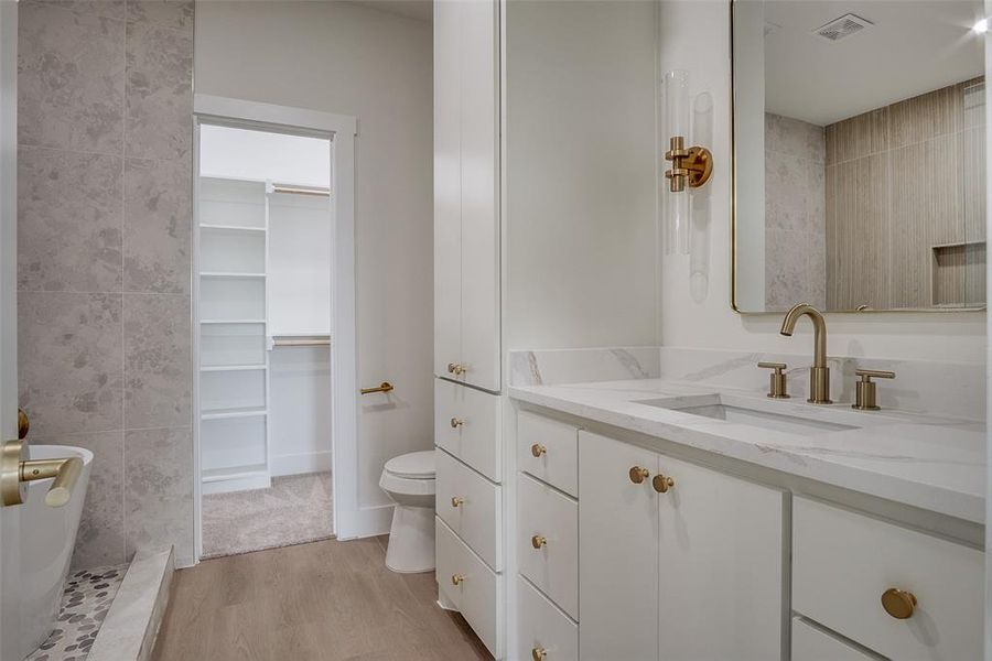 Bathroom featuring vanity, wood finished floors, tile walls, and a spacious closet Bathroom featuring vanity, wood finished floors, tile walls, and a spacious closet