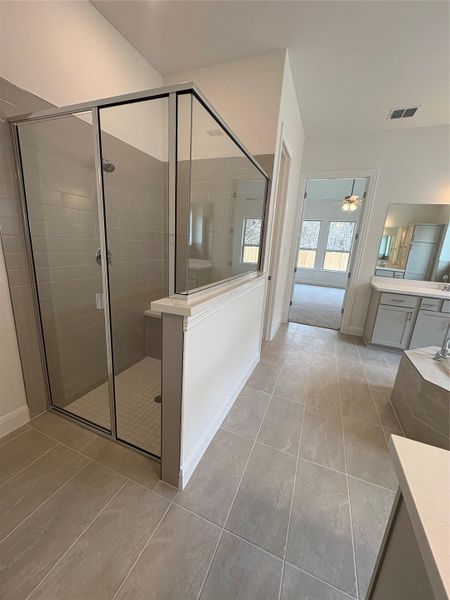 Full bathroom featuring a stall shower, tile patterned floors, and ceiling fan Full bathroom featuring a stall shower, tile patterned floors, and ceiling fan