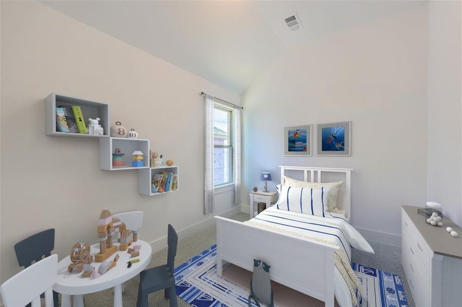 Virtually Staged Photo - Carpeted bedroom featuring vaulted ceiling