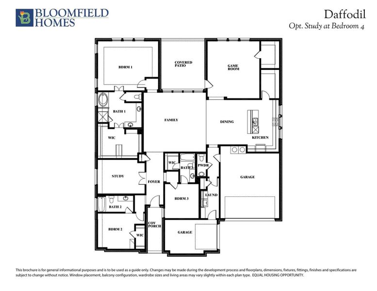 Bloomfield Homes Daffodil floor plan with optional study at bedroom 4, showing 3 bedrooms, kitchen, family room, and two-car garage.