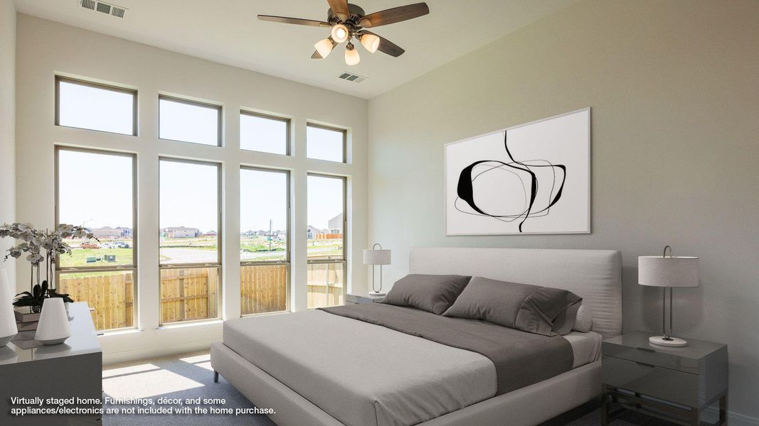 Bedroom featuring a residential view and a ceiling fan Bedroom featuring a residential view and a ceiling fan