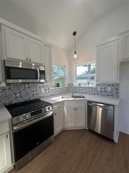 Kitchen with stainless steel appliances, white cabinets, tasteful backsplash, dark wood-type flooring, and vaulted ceiling