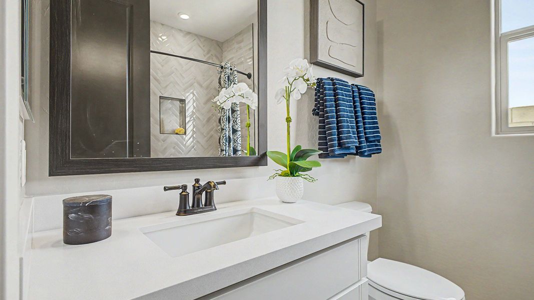 Secondary bathroom in this quick move-in new home by DRB Homes at Saguaro Hills at Vistancia, 32407 N 123rd Dr. Secondary bathroom in this quick move-in new home by DRB Homes at Saguaro Hills at Vistancia, 32407 N 123rd Dr.