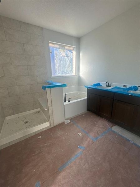 Full bathroom featuring a bath, a tile shower, and vanity Full bathroom featuring a bath, a tile shower, and vanity