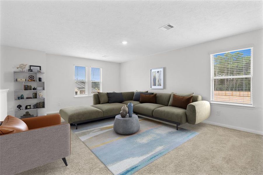 Come upstairs and enjoy a day of leisure in this fabulous game room! This is the perfect hangout spot or adult game room, this space features plush carpet, high vaulted ceiling, recessed lighting, custom paint, and plenty of windows with natural light coming in.