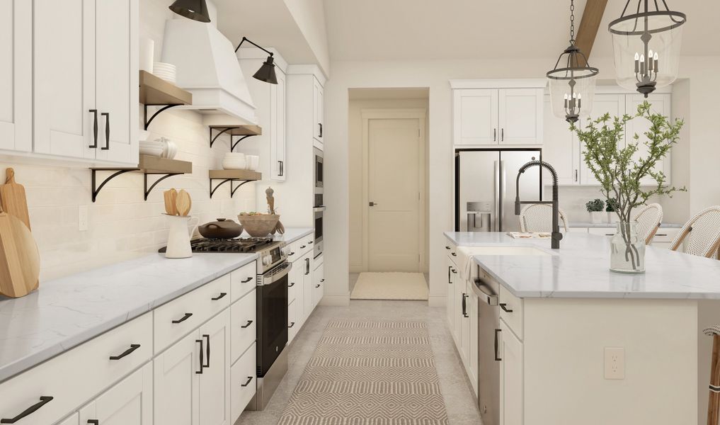 Kitchen with floating shelves and matte black hardware