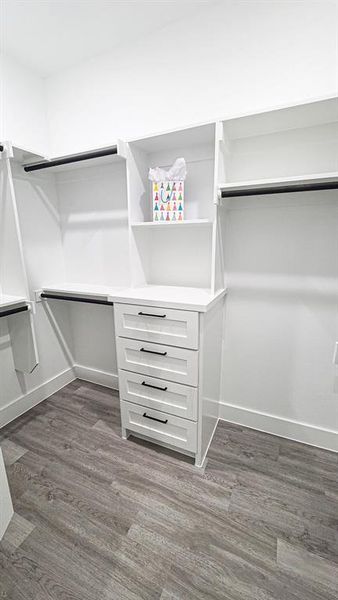 Walk in master closet featuring hardwood / wood-style flooring