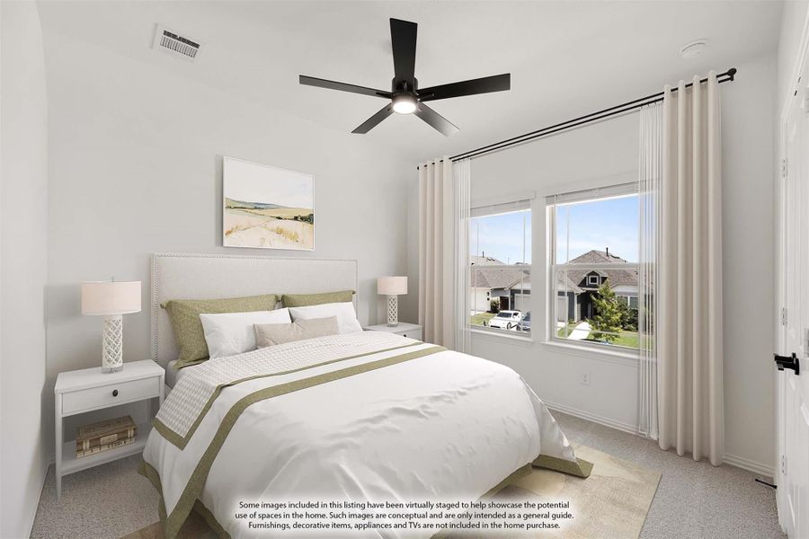 Bedroom with queen bed, ceiling fan, carpet flooring, and large windows with neighborhood view Bedroom with queen bed, ceiling fan, carpet flooring, and large windows with neighborhood view