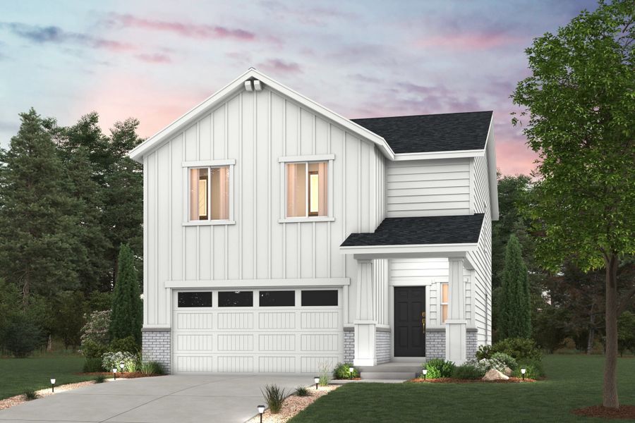 Front exterior of a new home in Coyote Creek, Fort Lupton, CO, highlighting curb appeal (Image 1). Front exterior of a new home in Coyote Creek, Fort Lupton, CO, highlighting curb appeal (Image 1).