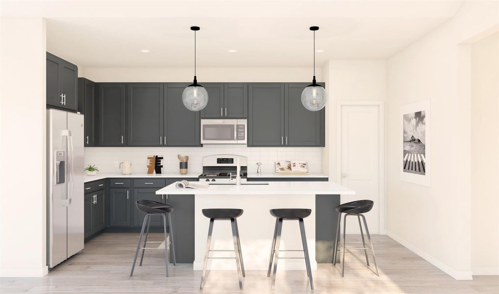 Lovely island kitchen with grey cabinets and quartz counters (*Artist rendering used for illustration purposes only.)