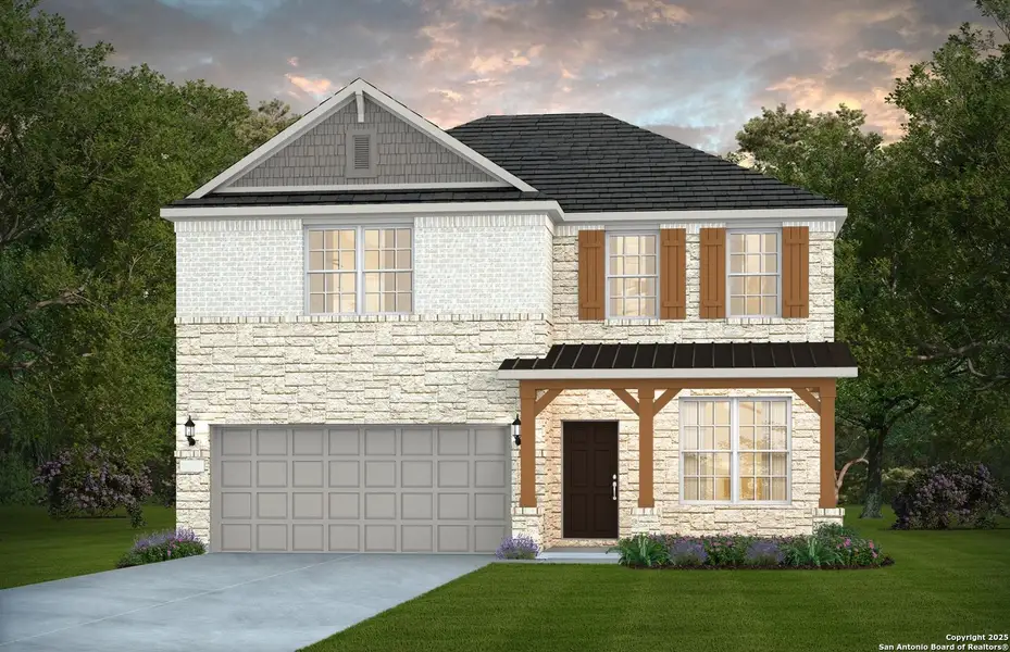 Front exterior of a new home in Bison Ridge, San Antonio, TX, highlighting curb appeal (Image 1).