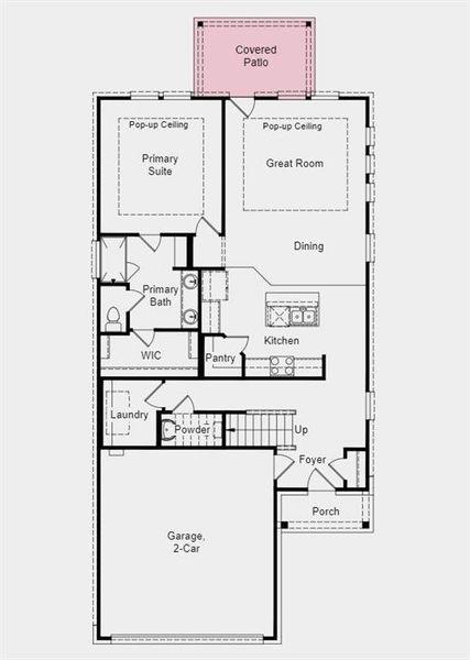 Structural options added include: 12" pop-up ceiling in gathering room and primary suite and covered patio.