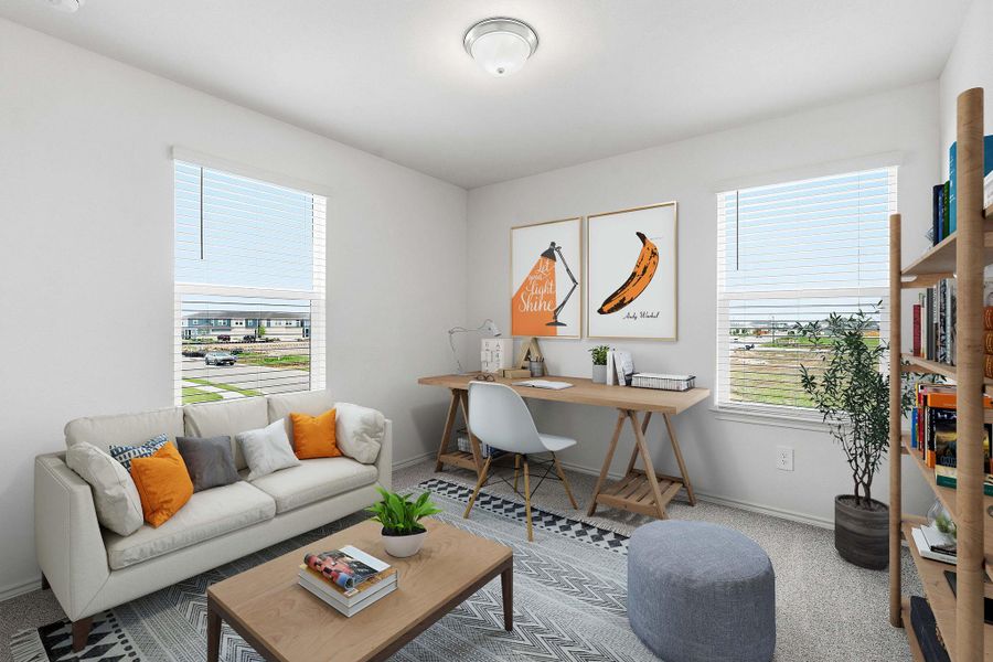 Bright room featuring two windows with horizontal blinds, neutral wall paint, and carpet flooring Bright room featuring two windows with horizontal blinds, neutral wall paint, and carpet flooring