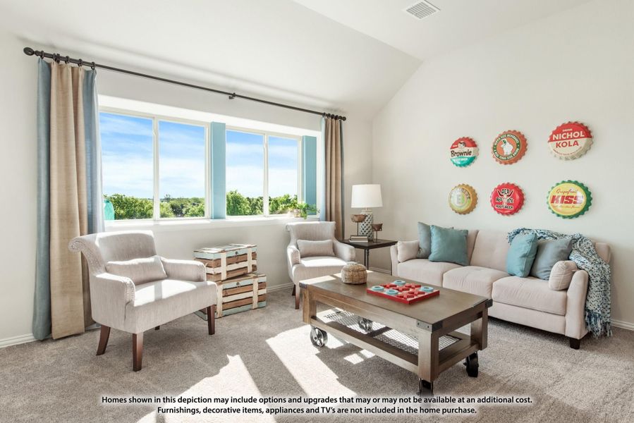 Living room with vaulted ceiling, large window, neutral sofa and chairs, and vintage bottle cap wall decor