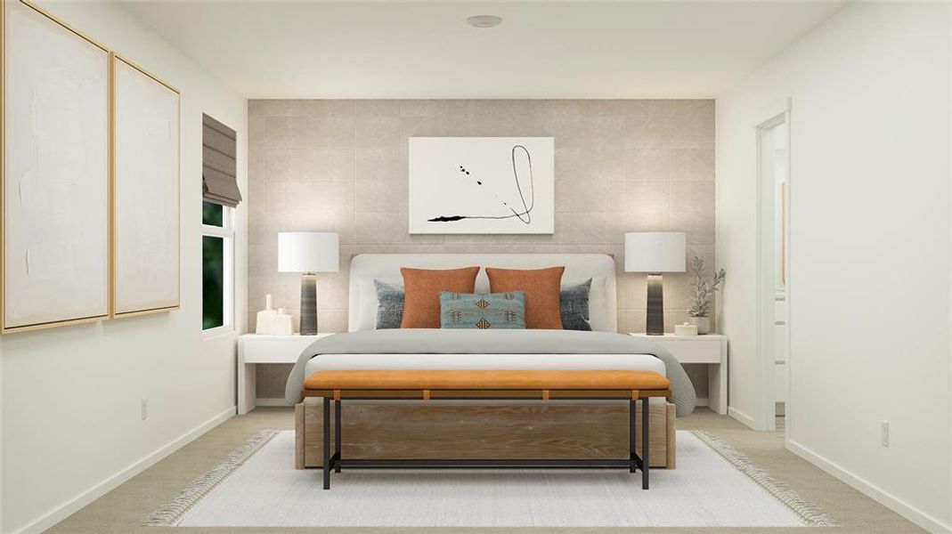 Bedroom featuring tile walls and carpet flooring
