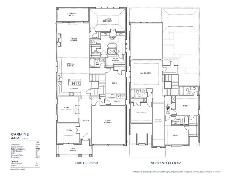 2D floor plan layout for the Carmine - 4461F by Shaddock Homes in Fields - 50' Lots, Frisco, TX (Image 3).