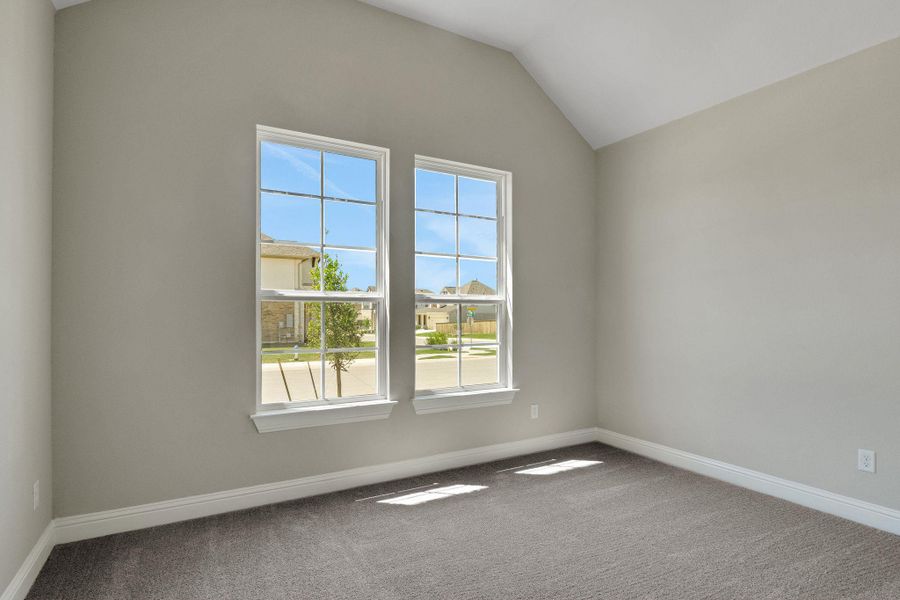 Unfurnished room featuring carpet flooring, lofted ceiling, and a healthy amount of sunlight