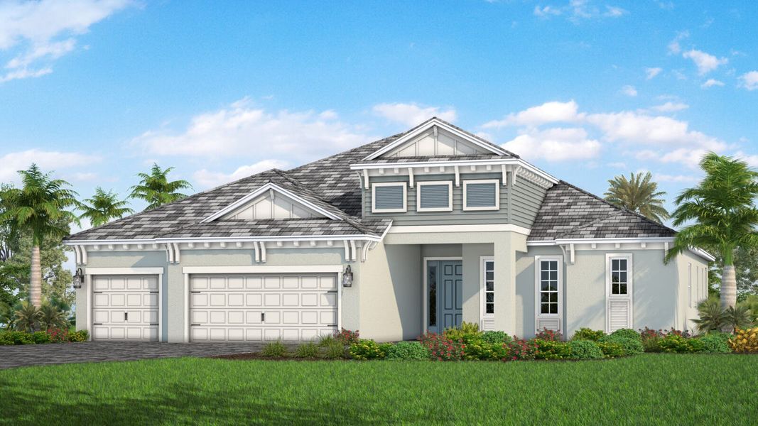 Front exterior of a new home in SkySail Real Estate and Homes for Sale in Naples, FL - Neal Communities, Naples, FL, highlighting curb appeal (Image 1). Front exterior of a new home in SkySail Real Estate and Homes for Sale in Naples, FL - Neal Communities, Naples, FL, highlighting curb appeal (Image 1).