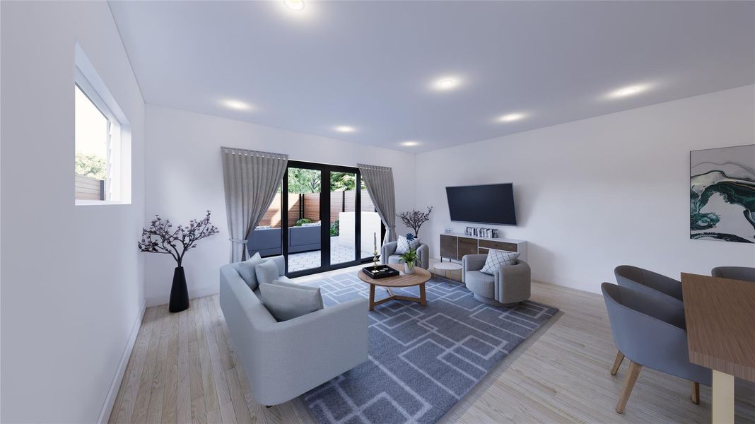 Double sliding glass doors in the first-floor living room frame views of the spacious yard and create seamless indoor-outdoor living. Double sliding glass doors in the first-floor living room frame views of the spacious yard and create seamless indoor-outdoor living.