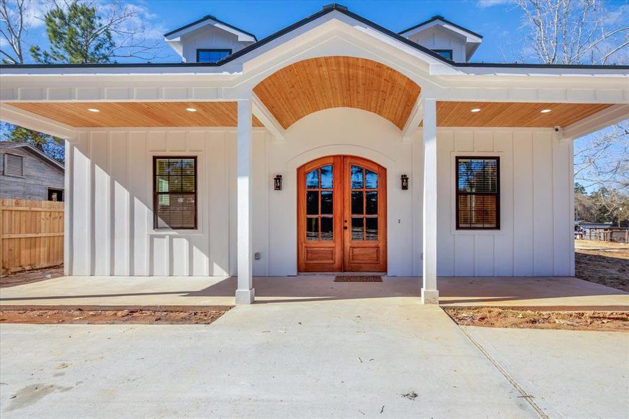 Double Door Entry, Front Porch w/stained wood ceiling and recessed lighting