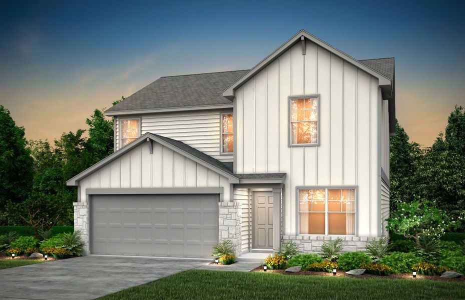 Front exterior of a new home in Cinco Lakes, San Antonio, TX, highlighting curb appeal (Image 1).