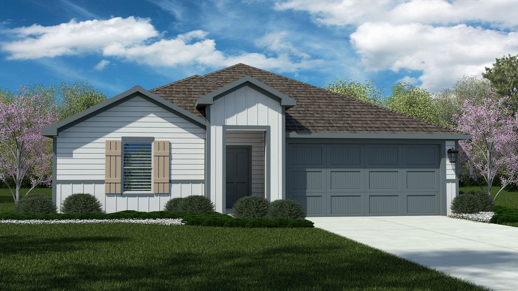 Representative exterior photo of a completed home built from the KINGSTON by D.R. Horton in Lonestar at Liberty Trails, Justin, TX (Image 1). Representative exterior photo of a completed home built from the KINGSTON by D.R. Horton in Lonestar at Liberty Trails, Justin, TX (Image 1).