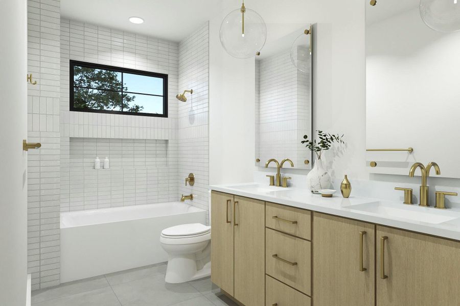 Full bathroom with tiled shower / bath combo, vanity, toilet, and tile patterned flooring