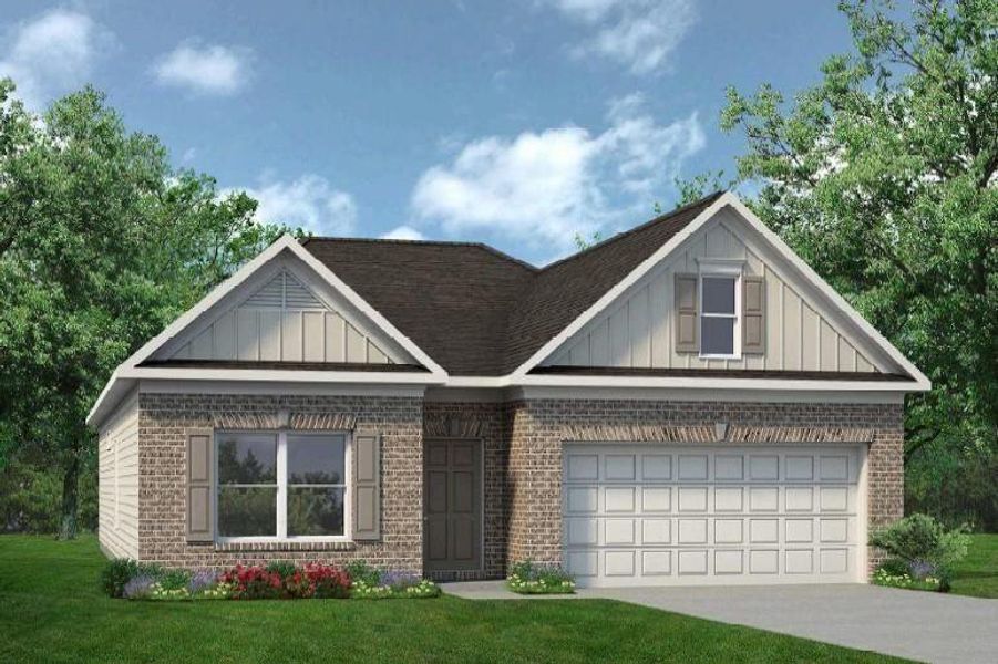 Front exterior of a new home in Allen Manor, Hoschton, GA, highlighting curb appeal (Image 1).