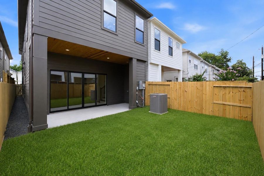 Covered 8' x 20' patio with a pool-sized backyard.