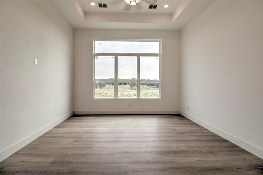 Spare room featuring light wood finished floors, a tray ceiling, ceiling fan, and recessed lighting Spare room featuring light wood finished floors, a tray ceiling, ceiling fan, and recessed lighting
