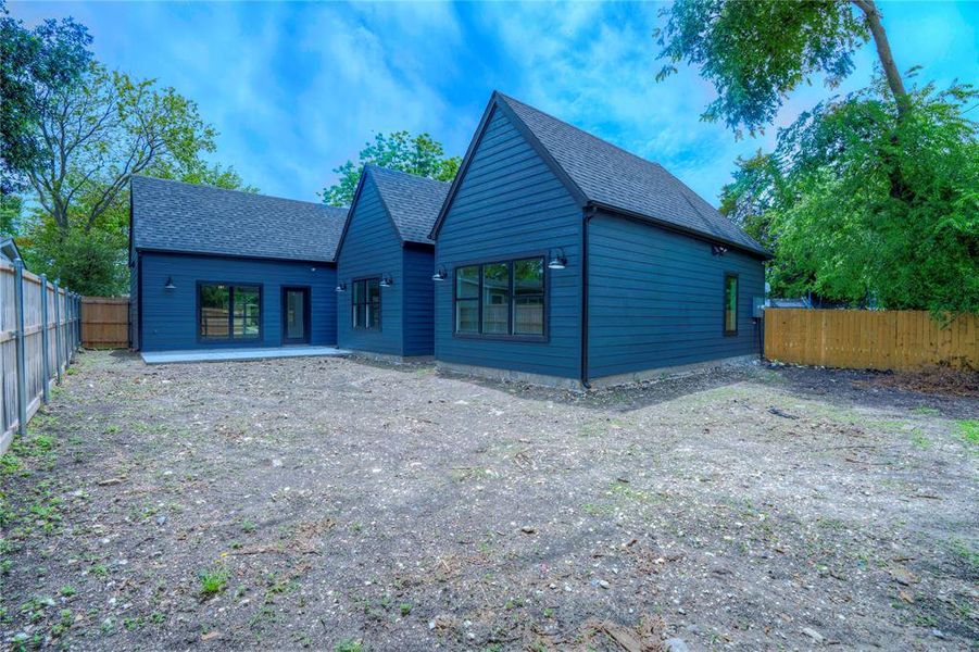 Modern exterior with dark blue siding and a dark shingle roof