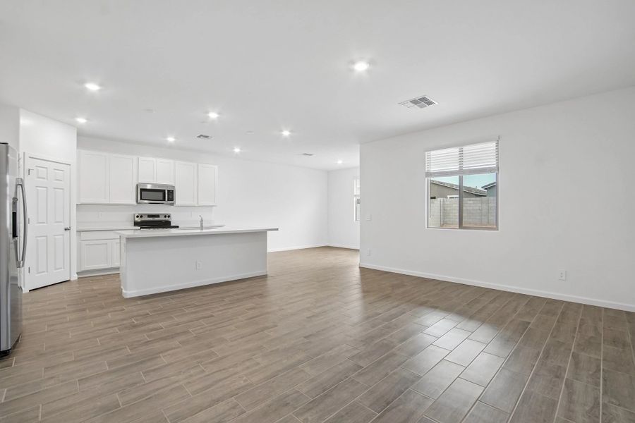 Great room, kitchen and dining Great room, kitchen and dining