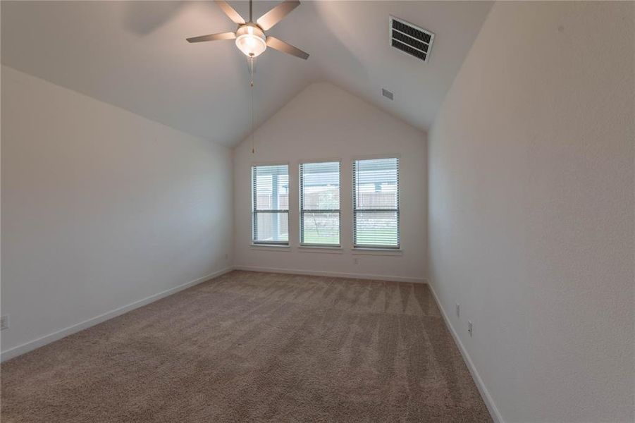 Unfurnished room featuring a ceiling fan, carpet floors, vaulted ceiling, and baseboards