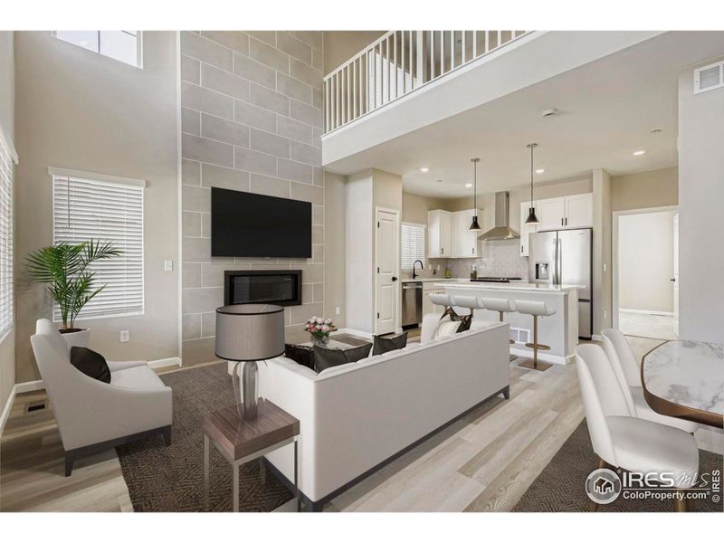 Functional open floor plan centered around a gas fireplace