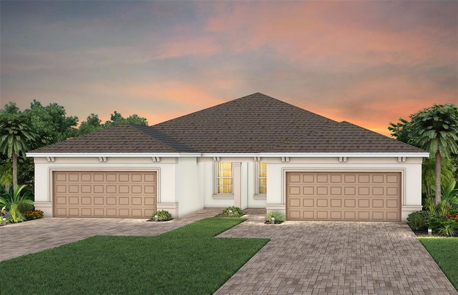 Front exterior of a new home in Del Webb Twin Lakes, St. Cloud, FL, highlighting curb appeal (Image 1).