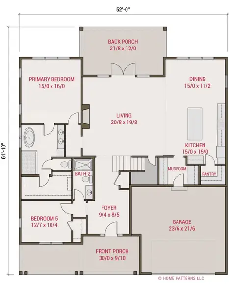 A well-designed floor plan details a spacious layout, including a primary bedroom, living area, and expansive front and back porches.
