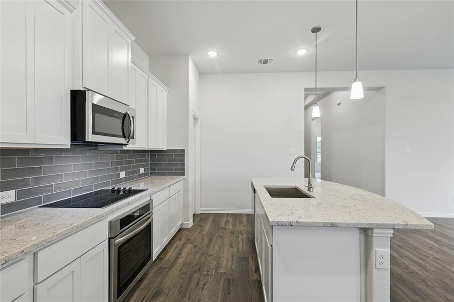 Kitchen featuring appliances with stainless steel finishes, a sink, baseboards, visible vents, and dark wood-style floors Kitchen featuring appliances with stainless steel finishes, a sink, baseboards, visible vents, and dark wood-style floors