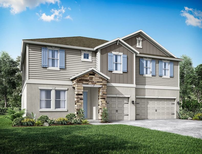 Representative exterior photo of a completed home built from the Jupiter by William Ryan Homes in Tamarack at Two Rivers, Zephyrhills, FL (Image 1). Representative exterior photo of a completed home built from the Jupiter by William Ryan Homes in Tamarack at Two Rivers, Zephyrhills, FL (Image 1).